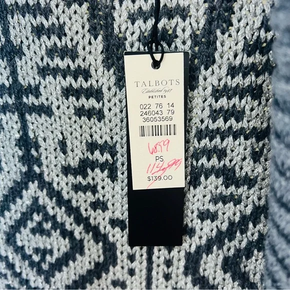 NWT! Talbots Mid Length Wool Blend Chunky Knit Geometric Gray Metallic Thread - Picture 4 of 12